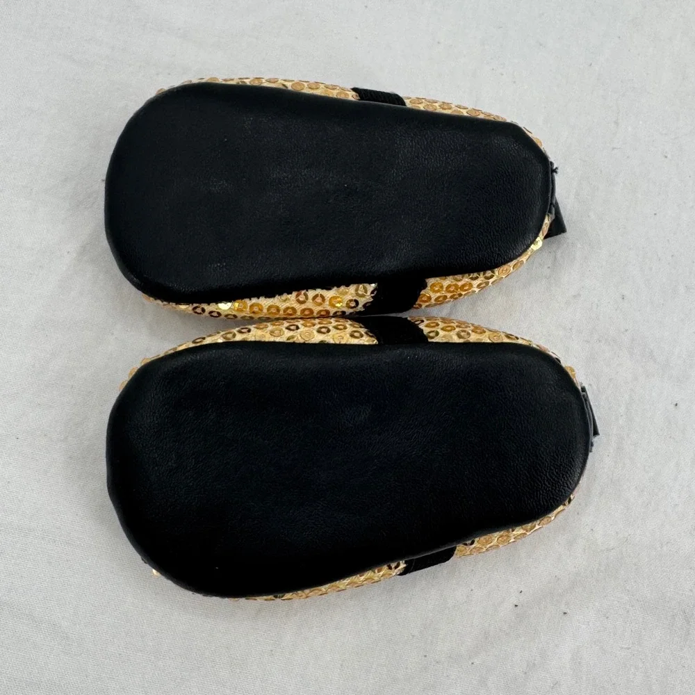 Vintage Esprit Baby Gold Sequin Black Flower Mary Jane Crib Shoes 0-6 Months